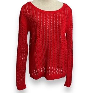 A.N.A Open Knit Red Sweater Women's Size XL Scoop Neck Long Sleeves Cotton Blend
